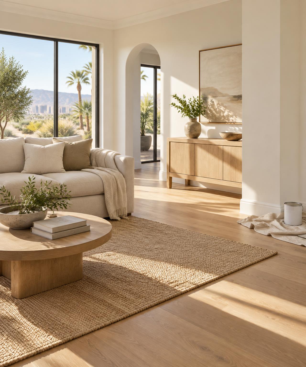 Sunlit, freshly painted living room